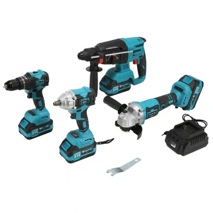 Acu szerszámkészlet 4u1 Brushless – fúró, ütvecsavarozó, sarokcsiszoló és SDS kalapács