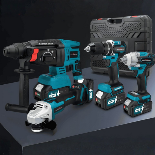 Acu szerszámkészlet 4u1 Brushless – fúró, ütvecsavarozó, sarokcsiszoló és SDS kalapács