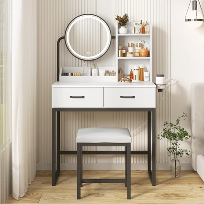 Elegáns fehér WC asztal LED tükörrel, fiókokkal és tabuval