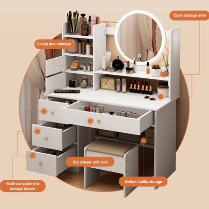 Elegáns sminkasztal LED tükörrel és üléssel
